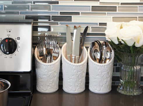 Kitchen Tool Crock Set, 4 Pieces - 3 Ceramic Utensil Holders & 1 Metal Caddy, White & Embossed Design