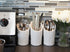 Kitchen Tool Crock Set, 4 Pieces - 3 Ceramic Utensil Holders & 1 Metal Caddy, White & Embossed Design
