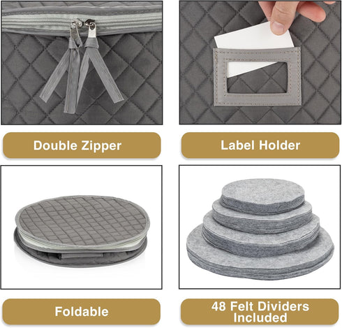 Fine China Storage - Set of 4 Quilted Cases for Dinnerware, Sizes: 12" - 10" - 8" and 7" Wide, Gray
