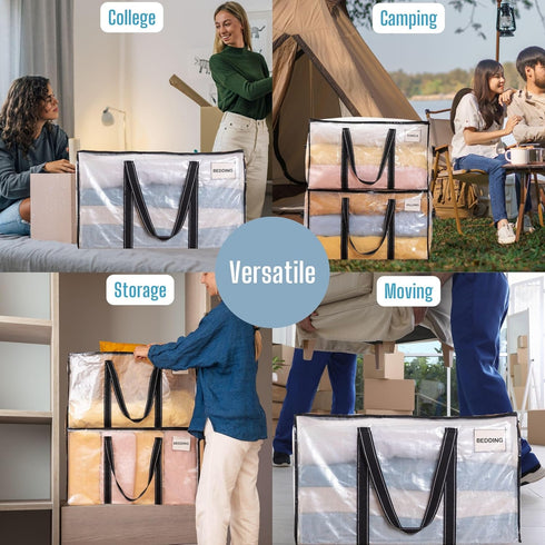 VENO 2 Pack Moving Bags, Heavy Duty Totes with Lids, Extra Large Packing Storage Boxes, Sturdy Handles, Zipper (Clear