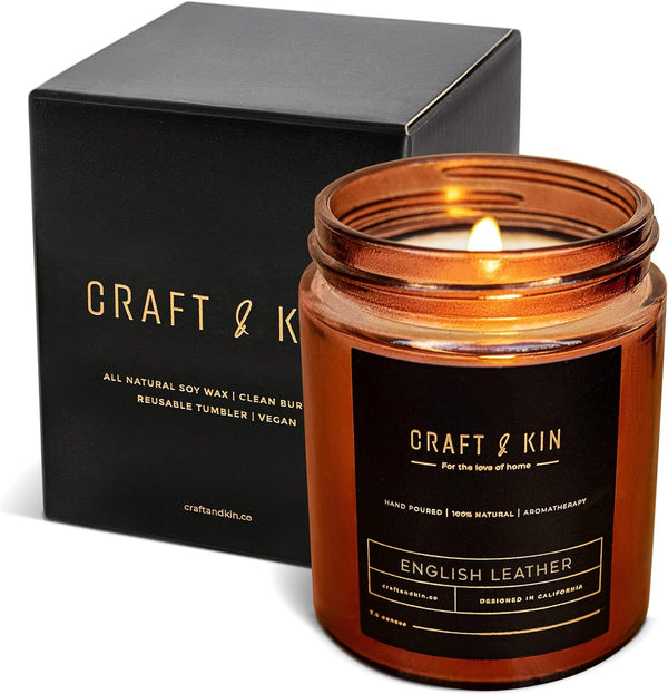 Craft & Kin Fall Scented Candle for Men, Premium English Leather Candle, All-Natural Scent for Home, 8oz, 45-Hour Burn