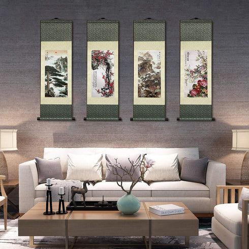 AtfArt Asian Wall Decor, Beautiful Silk Scroll Painting Bamboo Leaf Plant - Ancient Bamboo Oriental Decor (36.2 x 12 in)