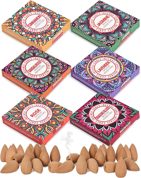 Backflow Incense Cones, Set of 6 Natural Scents for Purification, Relaxation, Yoga, Meditation