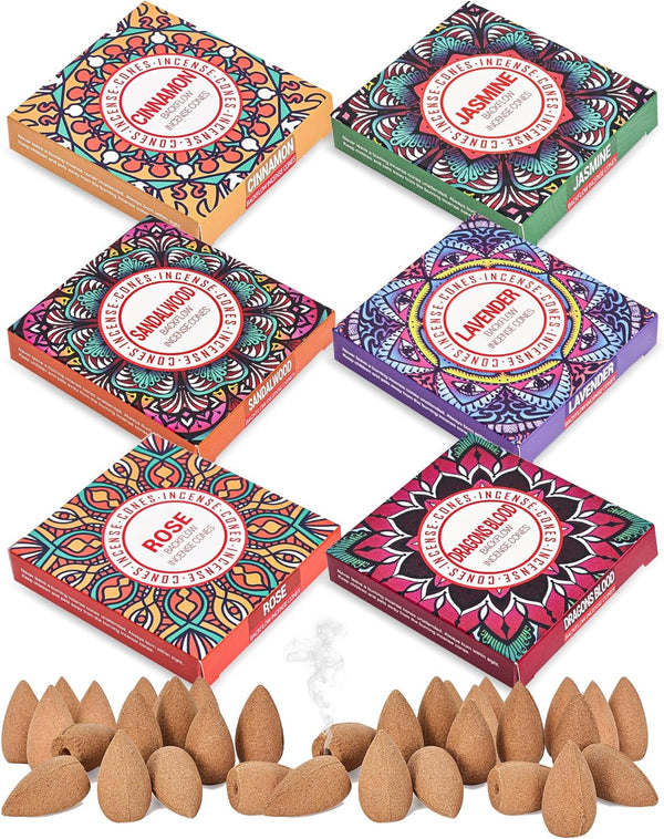 Backflow Incense Cones, Set of 6 Natural Scents for Purification, Relaxation, Yoga, Meditation