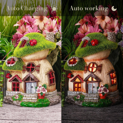 TERESA'S COLLECTIONS Mushroom Garden Statues with Outdoor Solar Light for Garden Decor, Green Flocked Decorations Resin