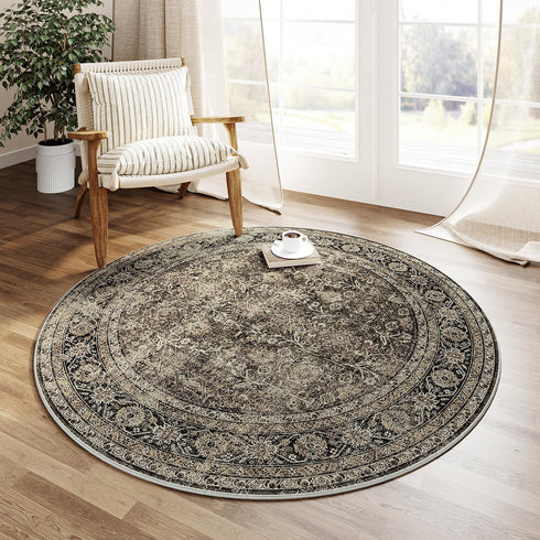 Brown Round Area Rug - 3ft Entryway Rug, 3x3 Circle Vintage Indoor Kitchen Washable Door Mat, Living Room Carpet,