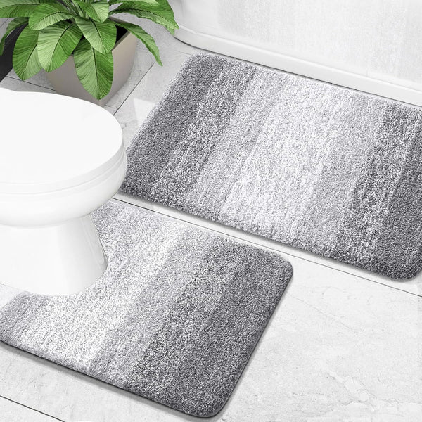 OLANLY Luxury Bathroom Rug Set, 2 Piece Soft Microfiber Bath Rugs, Non-Slip Light Grey Mats