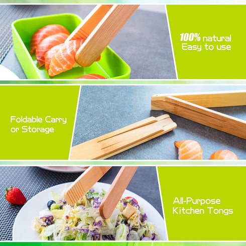 Bamboo Cooking Tongs Set of 2 – 11” Foldable Kitchen Tongs with Non-Scratch Grip for BBQ, Salad, Camping & Serving