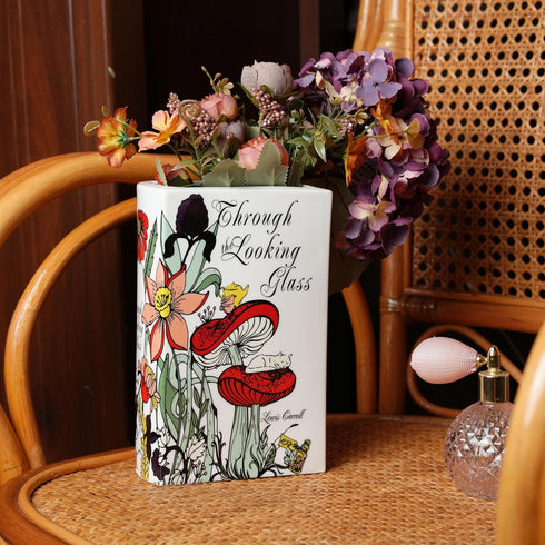 Ceramic Book Vase for Flowers, Home Decor - Cute Bookshelf Decor, Book Lovers Gift - Unique Large Accent