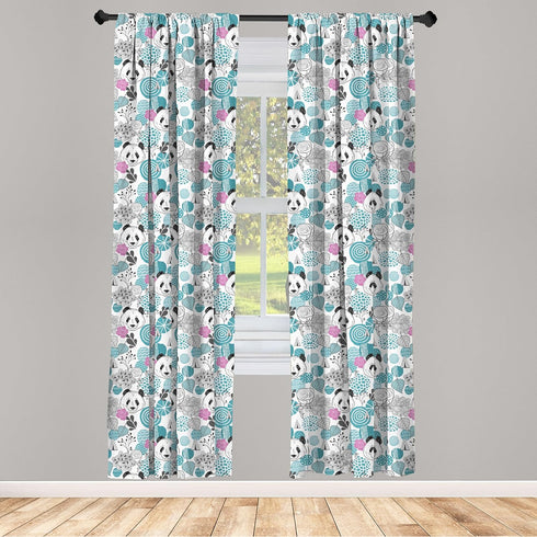 Lunarable Panda Window Curtains, 2-Panel Set with Portraits of Chinese Bears on Sketch Flowers, 28" x 63", Blue Grey