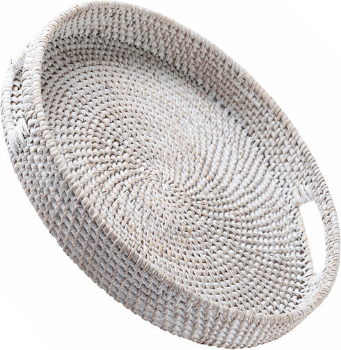JUNGLE CULTURE Handmade Round Wicker Tray 14 Whitewashed Large Decorative Rattan Serving