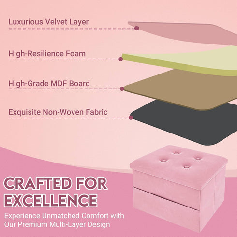 16"x12"x12" ZOES HOMEWARE Small Storage Ottoman Foot Rest, Velvet Ottoman with Storage and Side Pocket, Pink Foot Rest