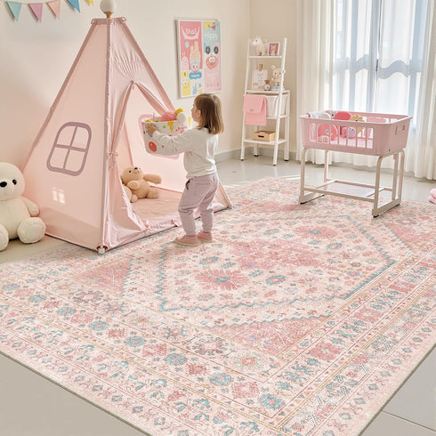 5x7 (Pink/Blue,5'x7') zesthome Pink Rug - Area Rugs for Bedroom, Stain Resistant Washable Rugs for Nursery Room, Living