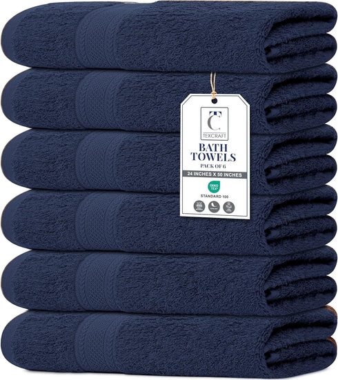 Large Bath Towels Set of 6 100% Cotton Terry 24" x 50"