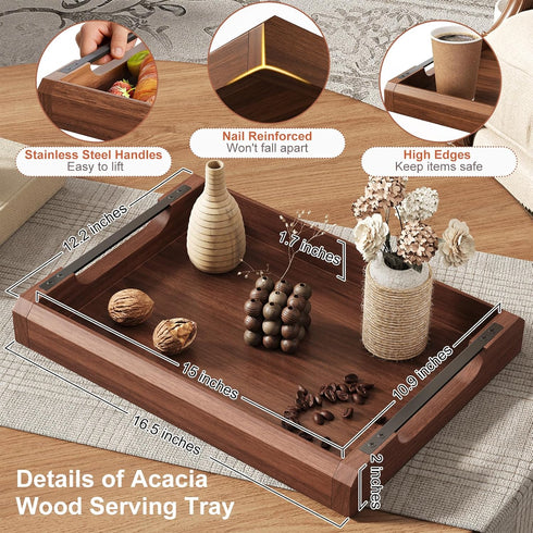 WBKATN 17 Inch Acacia Wood Ottoman Tray for Living Room, Wooden Serving Tray with Metal Handles, Large Serving Trays