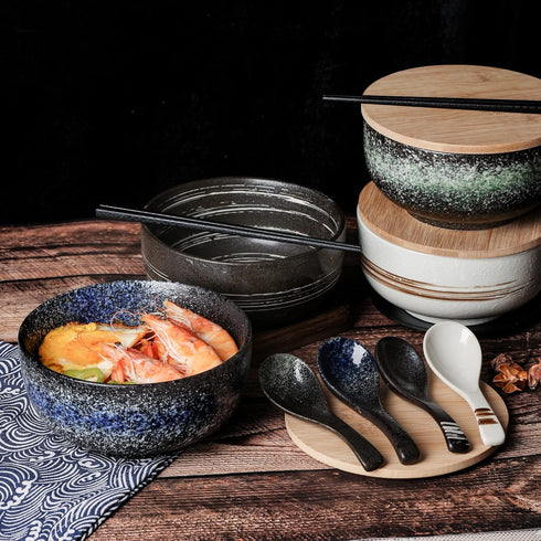 Ceramic Ramen Bowl Set, 38 OZ Japanese Style, Microwave & Dishwasher Safe, Includes Spoon & Chopsticks, Blue