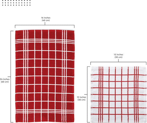 Sets 12x12 inch 16x24 inch Pack 10 Encasa XO Kitchen Towels and Dish Cloths | Red Combo Highly Absorbent Cotton Terry