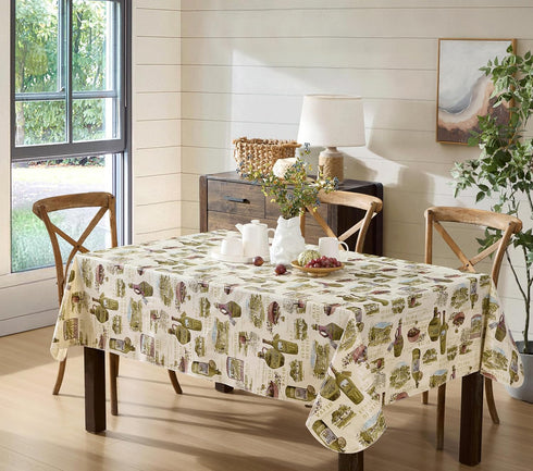 Newbridge 60 102 Inch Countryside x Rectangle Vinyl Tablecloth with Flannel Backing, Lucca Olive Oil Print, Indoor