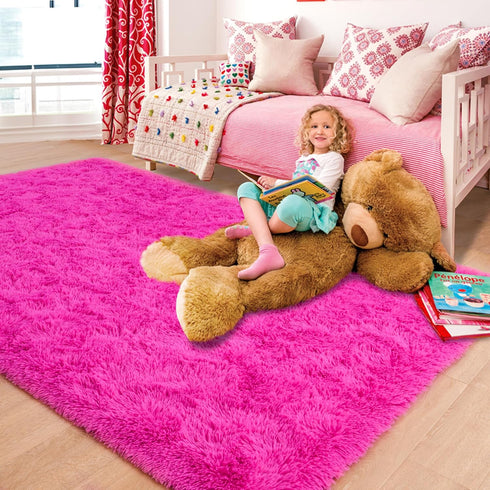 ISEAU Fluffy Rug Carpets, Soft Shaggy Area Rugs for Kids Room, Comfy Cute Nursery Mat, 3ft x 5ft, Hot Pink
