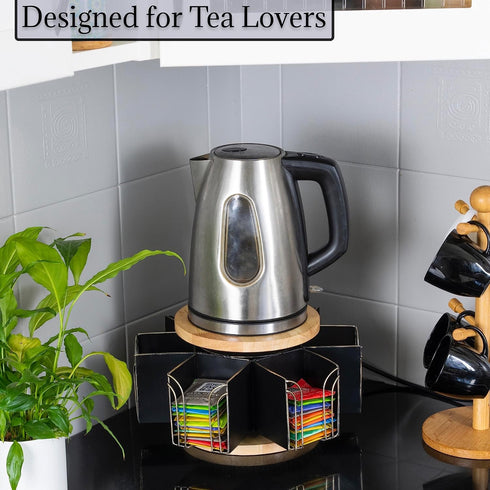 Countertop Made Easy Kit Metal Carousel Tea Bag Organizer & Kettle Stand Caddy- Modern Storage Solution for Tea Bags