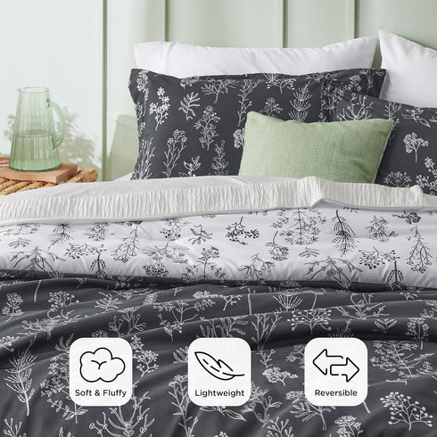 Bedsure Twin/Twin XL Comforter Set, Dark Grey Floral Bedding, 2 Pieces with Reversible Comforter and Pillow Sham