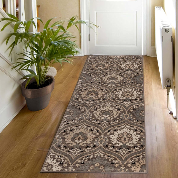 Superior Indoor Area Runner, Jute Backed, Modern Oriental Floral Damask Floor Decor