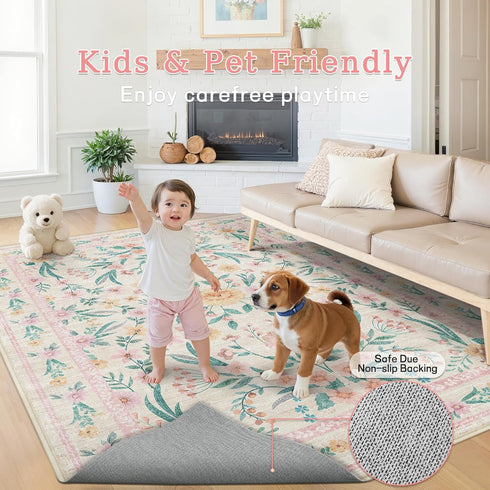 5x7 Pink Floral Nursery Rug,Pink Rugs for Bedroom Girls,Machine Washable Non Slip Soft Faux Wool Carpet,Cute Boho