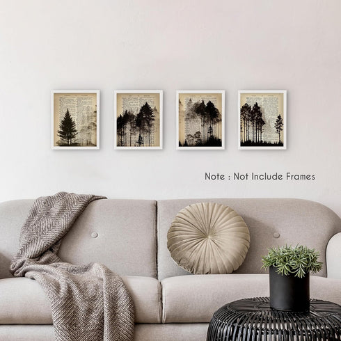 HRQKO Vintage Forest Wall Art Poster Prints Set of 4, Nature Wall Art, Black Landscape Artwork Prints Posters Wall Decor, Pine Tree Mountains Wall Art Prints for Farmhouse Living Room 8”x10” Unframed