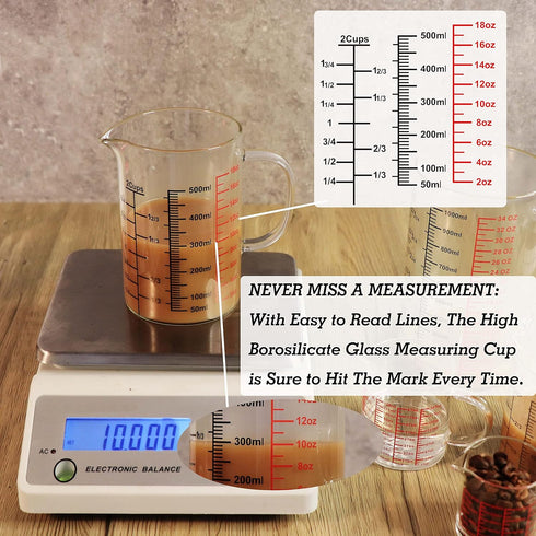 Glass Measuring Cup - High Borosilicate Glass with Insulated Handle and V-Shaped Spout - 500 ML (16 Oz, 2 Cup)