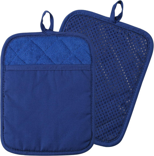 100% Cotton with Silicone Kitchen Pot Holder, Heat Resistant Coaster Potholder Oven Mitts Set of 2 Blue