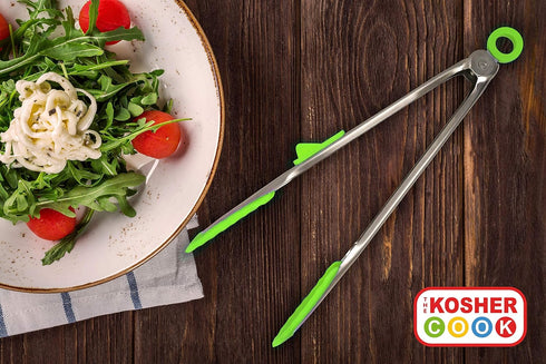 Parve Green Locking Kitchen Tongs, 12” Heavy Duty Multipurpose Tool, Stainless Steel with Non-Stick Tips
