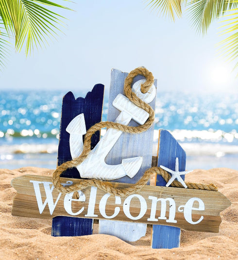 CoTa Global Atlantic Anchor Welcome Nautical Decor Sign - Beach Decor for Wall, White and Blue Starfish