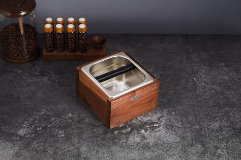 Espresso Knock Box Made of Sturdy Walnut Wood and Easy-Clean Stainless Steel Knockbox for Coffee Grounds