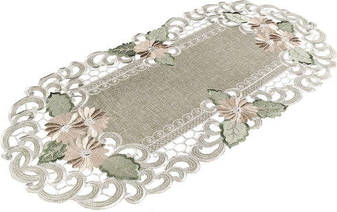 Embroidered Gold Daisy Fleur Latte Table Runner, Dresser Scarf, Coffee Table Doily (12.5Wx26L)