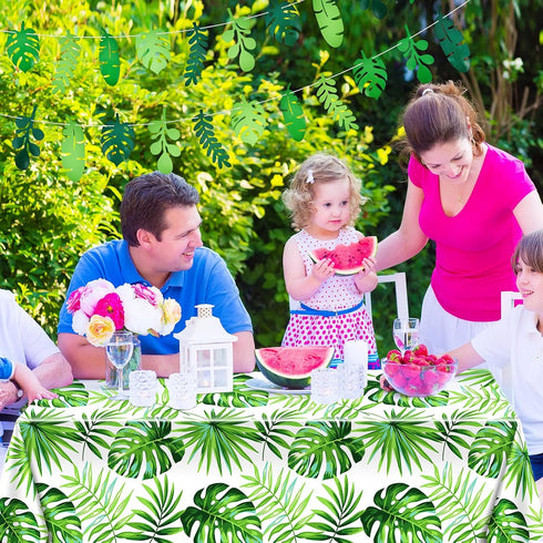 Tatuo 2 Pieces Palm Leaf Table Covers, Hawaii Green Leaves Tablecloths and 2 Pieces Palm Leaves Banners