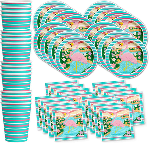 Pink Flamingo Birthday Party Supplies, Tableware Set Includes Plates, Napkins, Cups for 16