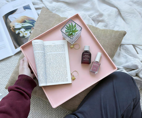 11 Inch Countertop, Pink Square Tray - Decorative Organizer Tray for Vanity, Bathroom Coffee Table & Ottoman |