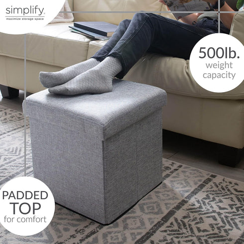Simplify Faux Linen Folding Storage Ottoman | Single | Collapsible | Tufted Padded Seating | Foot Rest | Toy Box |