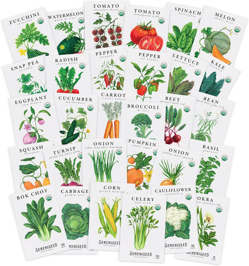 Sereniseed Certified Organic Vegetable Seeds (30-Pack) Non GMO, Open Pollinated - Basil,