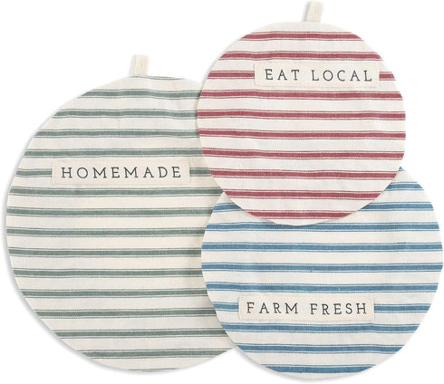 DEMDACO Homemade Striped Cotton Linen Fabric Plate Serving Dish Covers, Set of 3, 11 x 11