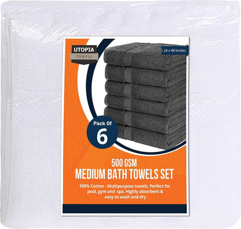 6 Pack Set, 24 48 Inches, 500 100% Utopia Towels Medium Bath Towel by GSM Ring Spun Cotton, Lightweight and Highly