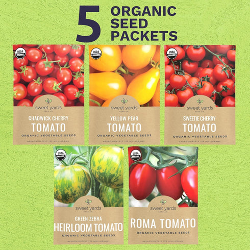 Pack 5 Packs 2026 Organic Cherry Tomato Seeds Variety - Individual - Season - Green Zebra, Sweetie Cherry, Chadwick