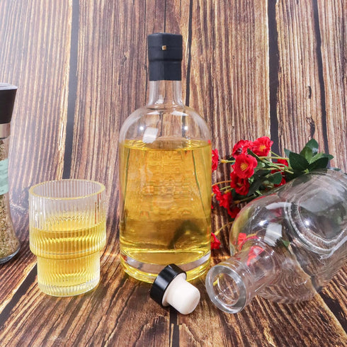 4 Pack 25oz 750ml GUANENA Clear Glass Bottles with Cork Lids and PVC Shrink Capsules, Liquor Bottles with T-shaped