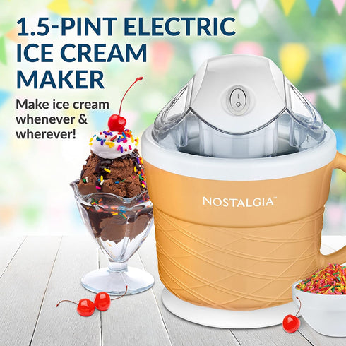 Nostalgia Electric Ice Cream Maker - 1.5 Quart Old Fashioned Soft Serve Machine for Frozen Yogurt or Gelato - Tan
