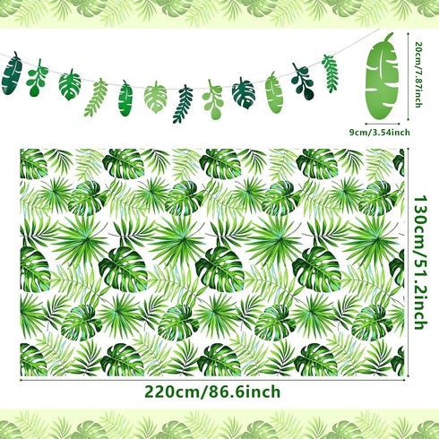Tatuo 2 Pieces Palm Leaf Table Covers, Hawaii Green Leaves Tablecloths and 2 Pieces Palm Leaves Banners