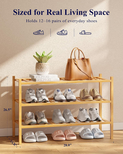 Closet 26.8" 11" 18.9", Kitsure Bamboo Wooden Shoe Rack for - Stackable Shoe Organizer with Modular Structure
