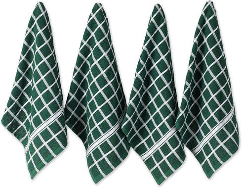 DII Basic Terry Collection Windowpane Dishtowel Set, 4 Piece, 16x26, Dark Green Check