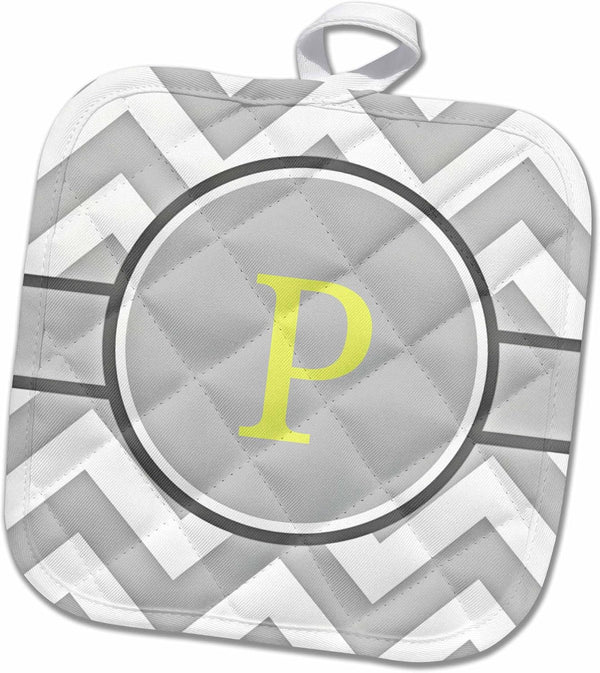 3D Rose Grey and White Chevron with Yellow Monogram Initial P Pot Holder, 8 x 8, Multiple Color
