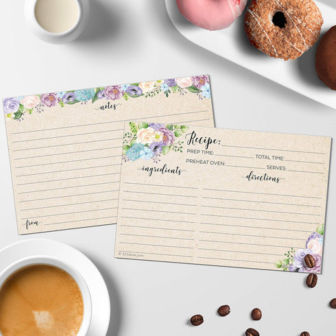 321Done 4x6 Floral Recipe Cards (Set of 50) - Thick Double Sided Premium Card Stock, Watercolor Flowers