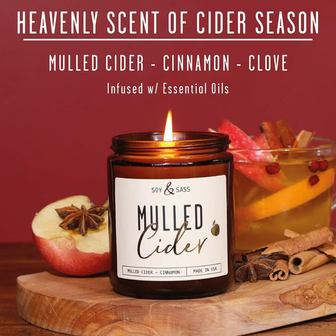 Mulled Cider Candle, Fall Candles I Mulled Cider, Cinnamon & Nutmeg - Infused with Essential Oils I Apple Cider Fall Scented Candle (Soy) for Home I 9oz Reusable Jar I 50Hr Burn I Made in USA